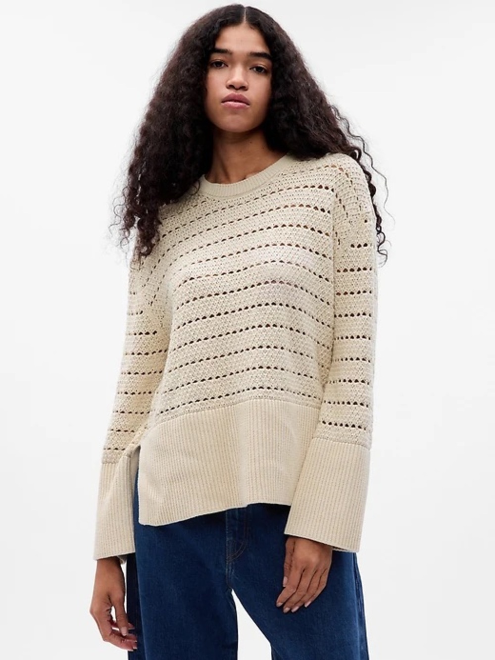 GAP Cream Open-Knit Crewneck Sweater